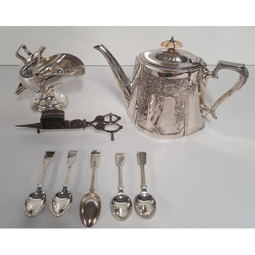 17 - A set of five London Silver Tea Spoons 126gms, along with a good 19th Century etched Tea Pot, Grape ... 