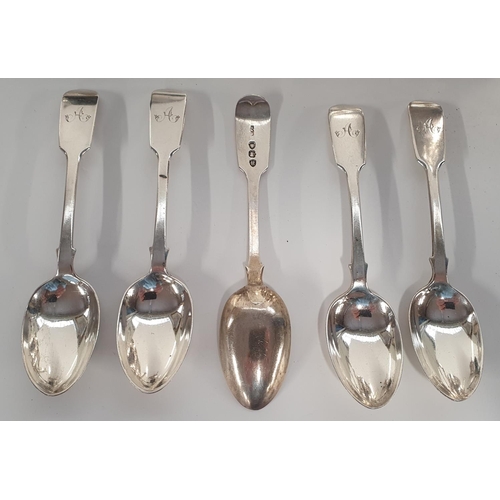17 - A set of five London Silver Tea Spoons 126gms, along with a good 19th Century etched Tea Pot, Grape ... 
