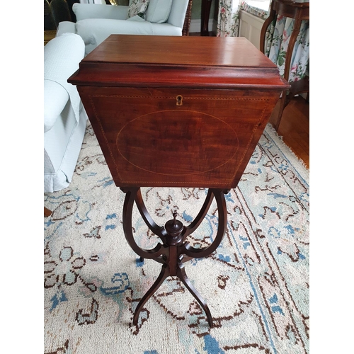 12 - An Edwardian Mahogany Inlaid Sewing Box on shaped stand. 32 x 27 x H72cm approx.