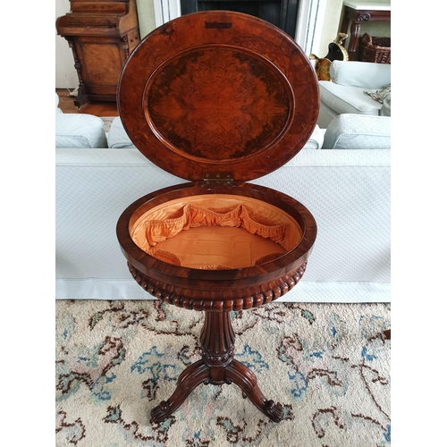 14 - A Fabulous Walnut Inlaid oval Work Box on stand with highly reeded outline on turned carved supports... 
