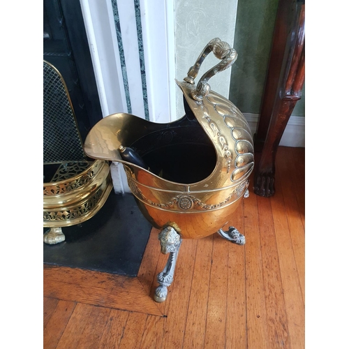 2 - A really good 19th Century Brass Coal Helmet, possibly Irish, with rams head supported feet and fan ... 