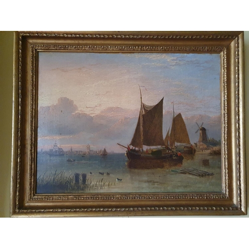 52 - Attributed to George Stanfield Walters. 1838 - 1924. A Dutch Harbour scene, Oil on Canvas with a win... 