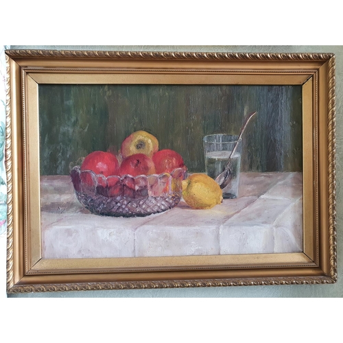 33 - Post Impressionist School. Early 20th Century. An Oil on Canvas still life with apples in a glass bo... 