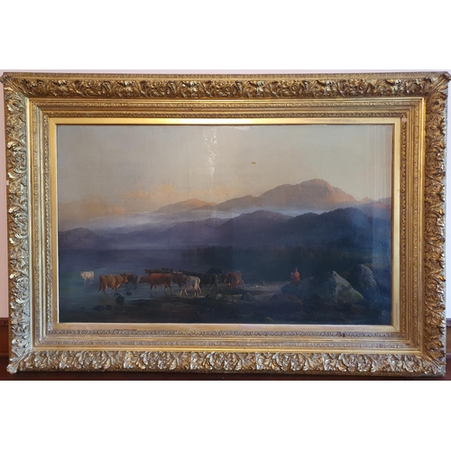49 - Arthur Gilbert 1819-1895. An Oil on Canvas of a Woman watering Cattle in a mountainous lake landscap... 