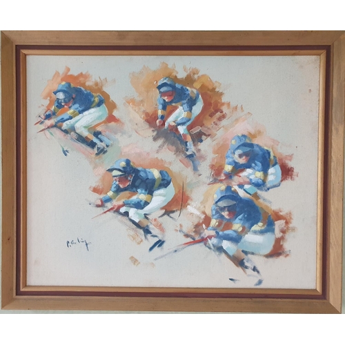 16 - An Oil on Board by Peter Curling b 1955 'Collage of Jockeys up ( Pat Eddery)'. Signed LR. 40 x 50cm ... 