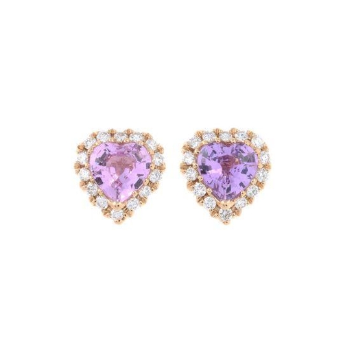 40 - A pair of pink sapphire and diamond heart-shape earrings. Total sapphire weight 0.78ct, stamped to m... 