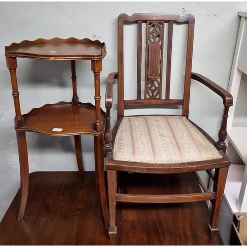 32 - A miniature Edwardian Mahogany Inlaid Armchair along with a two tier table.
