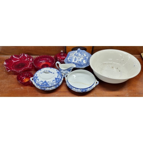 44 - A quantity of ruby Glasswares and blue and white delph etc.