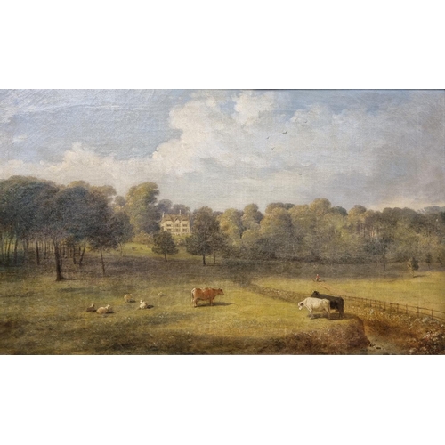 A 19th Century Oil on Canvas of cattle and sheep in a field with a house in the distance. Indistinctly signed LR. In original gilt frame. (frame needs repair). 37 x 63 cm approx.