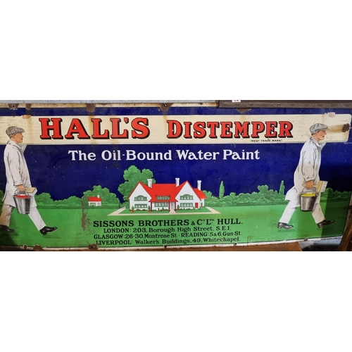 An early framed Original Enamelled Sign for Halls Distemper Oil bound water paint. 
168 x 67 cm approx.