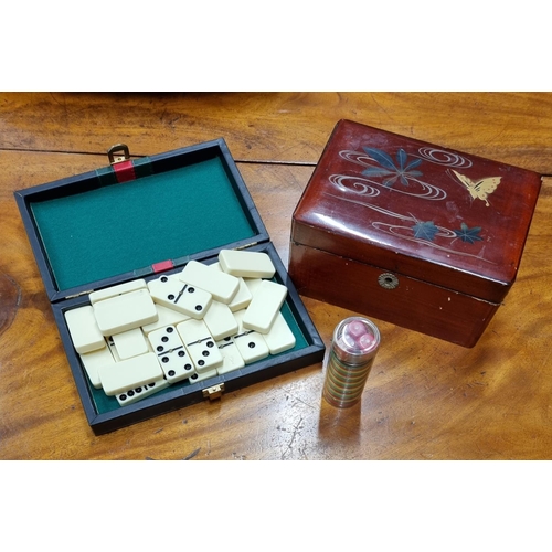 27 - An Oriental style Jewellery Box, Domino's, Dice etc.
