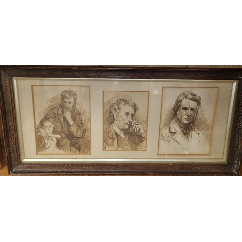 31 - A 19th Century Watercolour and Ink collage of three men. Signed Ruskin. Overall measurement 18 x 43 ... 