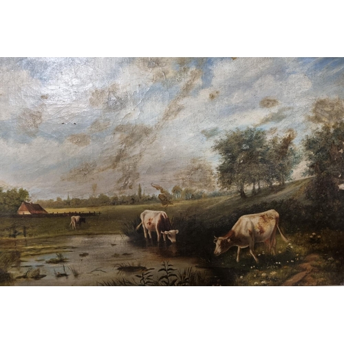 54 - In the manner of Thomas Sidney Cooper , an early 20th Century Oil on Canvas of Cattle beside a lake.... 