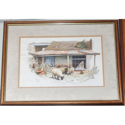 93 - A Limited Edition coloured Print of Sheep beside a ruined house signed LL 115/550 along with a limit... 