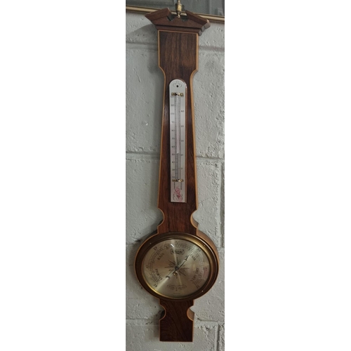 100 - A really good Rosewood and Mahogany Banjo Barometer. (thermometer panel damaged). H 80 cm approx.