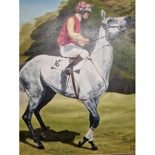 104 - A 20th Century Oil on Board of a grey horse with jockey up. Signed Liv LR. 60 x 50 cm approx.