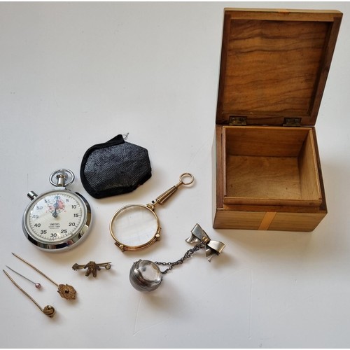 48 - A 19th Century Monocle, two Stick Pins, Stop Watch and other items in an Olive Wood Box.