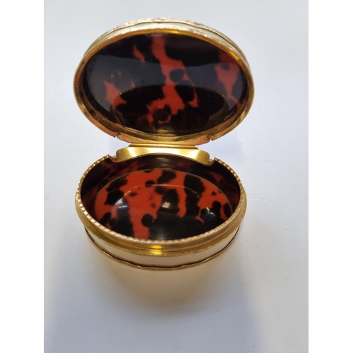 1 - AN IVORY AND 18 CARAT GOLD MOUNTED OVAL SNUFF BOX, 18th Century, the lid inset with an enamel framed... 