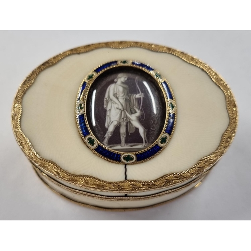 1 - AN IVORY AND 18 CARAT GOLD MOUNTED OVAL SNUFF BOX, 18th Century, the lid inset with an enamel framed... 