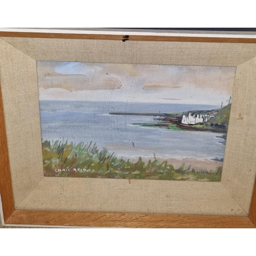 41 - Chris Reid, Oil on Board of an inlet with houses in the distance, signed lower left, with a David He... 