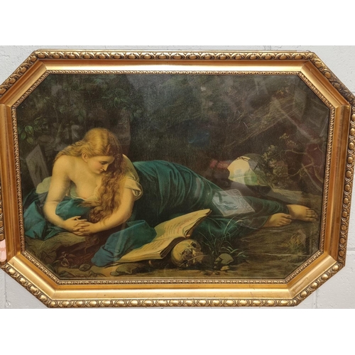 111 - After the original. A large coloured Print of a young woman reading. In a gilt frame. 72 x 94 cm app... 