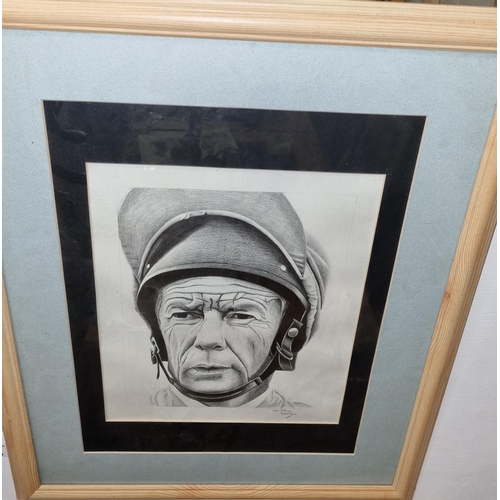 148 - A 20th Century black and white Print of Lester Piggott. Signed Chelle LR and dated 2000. 56 x 46 cm ... 