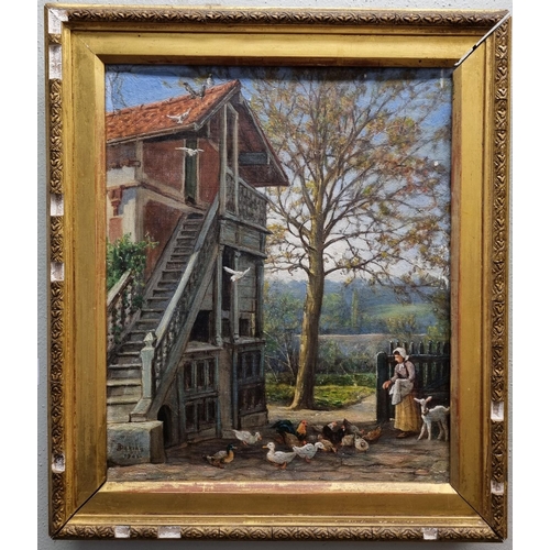 51 - A 19th Century Oil On Canvas of a woman feeding chickens. Signed Barking 1902 LL.
H 30 x 25 cm appro... 