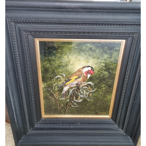52 - P C Childs; An Acrylic On Board of a woodpecker in a contemporary ebonised frame. Signed LR.
H 32 x ... 