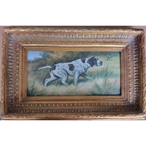 1 - An Oil on Board of a Hound stalking his prey indistinctly signed lower right. 20 x 40 cms approx.