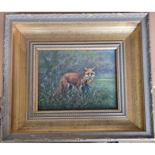 2 - Mary Ferris, Oil on Canvas of a Fox with his Prey, signed lower left. 20 x 25 cms approx.