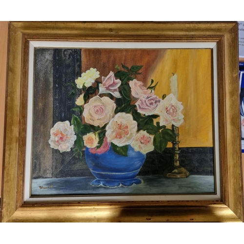 9 - An Oil on Canvas, still life of Flowers in a vase, A framed Bond along with other items.