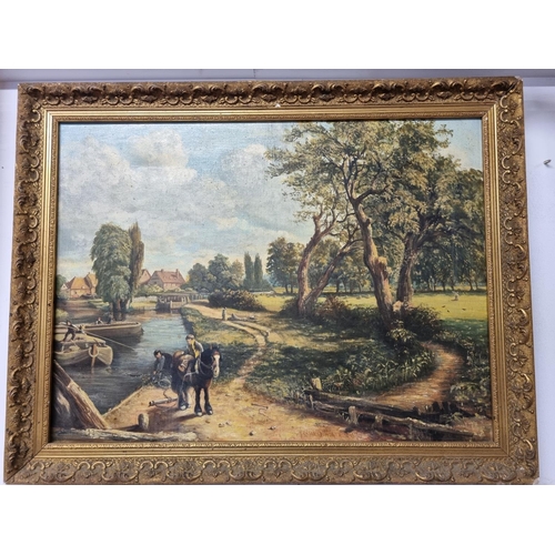 728 - An oleograph of boys beside a canal in a good gilt frame. Signed Frederick Heath lower middle.