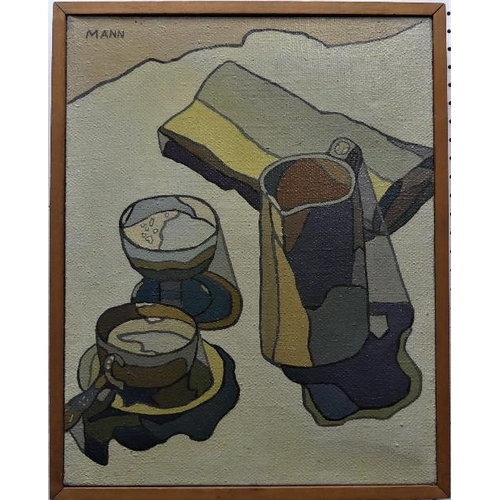 288 - Cyril Mann (British, 1911-1980), Still Life - cup and saucer with sugar bowl and jug, oil on canvas... 