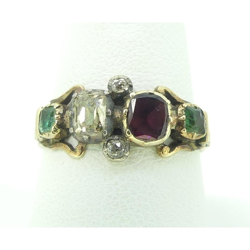 140 - A Georgian multi gem Ring, set with two vertical diamonds between a garnet and diamond with an emera... 