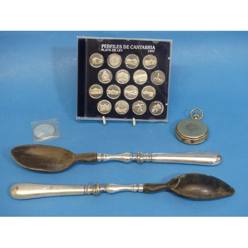 31 - A pair of vintage French Christofle silver-handled Serving Spoons, with horn bowls,11½in (29cm) long... 