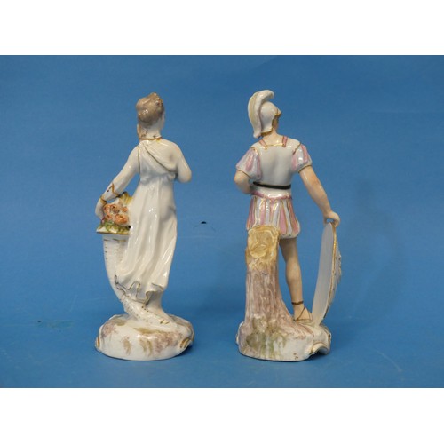 8 - A pair of Continental porcelain Figures, one depicted as a soldier, one repaired, with crossed lines... 