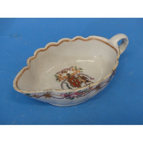 43 - An 18thC Chinese Export Armorial Porcelain Sauce Boat and Saucer, bearing the crest of the Scottish ... 
