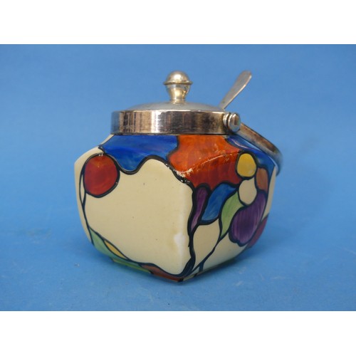47 - A Clarice Cliff 'Patchwork Leaves' Preserve Pot, the plated handled lid and spoon, with body decorat... 