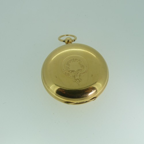 389 - An 18ct gold Hunter Pocket Watch, key wound, the white enamel dial with black Roman numerals and sub... 