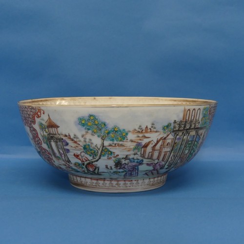 An 18thC Chinese porcelain famille rose Bowl, decorated in mountainous scenes interspersed with scenes of villagers, enclosed in alternating red and gray scale decoration, with gilt banding to rim and foot (faded), with corresponding decoration internally and central floral motif, 26cm diameter.