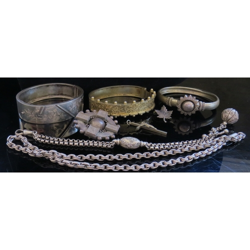 5006 - Three bangles including Victorian examples, a Victorian watch chain with tasselled ends, crucifix pe... 