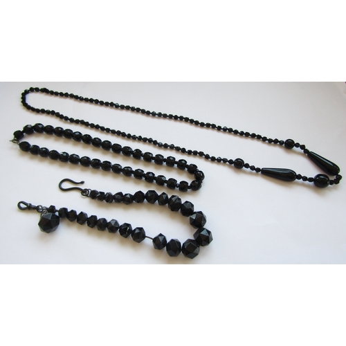 5011 - A Victorian jet facet cut bead watch chain and two french jet necklaces   (E) £30-40