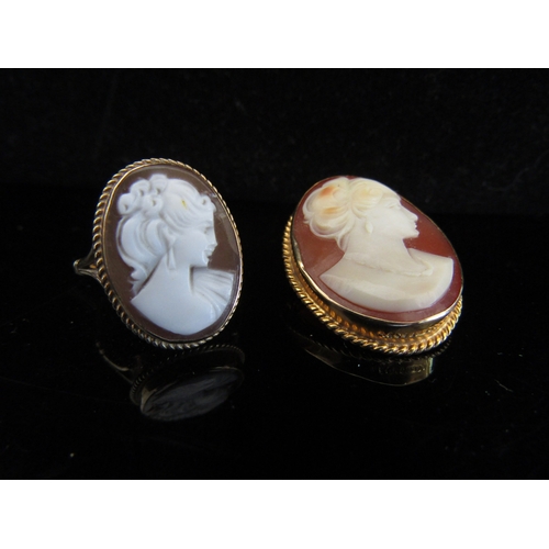5050 - A 9ct gold cameo ring and similar brooch. Size N, 8.1g total