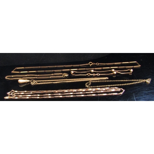 5052 - Three 9ct gold bracelets, two 9ct gold necklaces and another stamped 9k, 17.5g