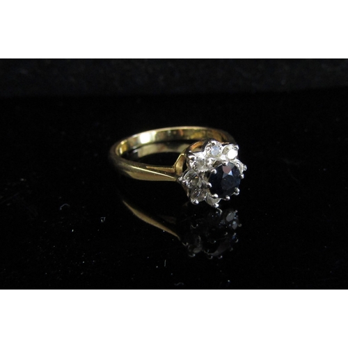 5053 - An 18ct gold sapphire and diamond cluster ring. Size M/N, 3.5g   (E) £100-150