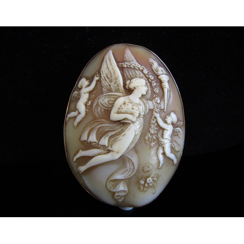 5056 - A large oval shell carved cameo brooch depicting an angel with flaming torch and two putti holding a... 