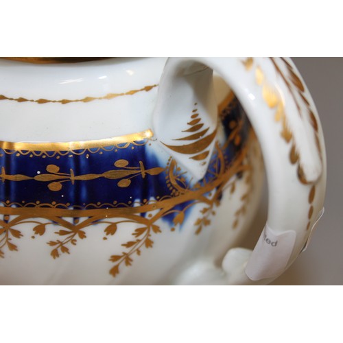 5 - Seven teapots comprising an early 19th century teapot with blue and gilt decoration, 6 1/2
