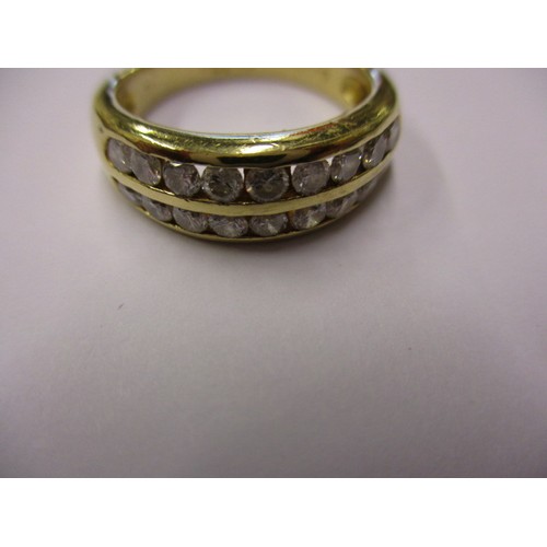 19 - An 18ct yellow gold ring set with 2 bands of 9 diamonds, approx. ring size o approx. weight 6.4g, in... 