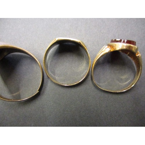 39 - 3 vintage 9ct gold signet rings, approx. combined weight 14.3g, one being cut on base of shank, in p... 