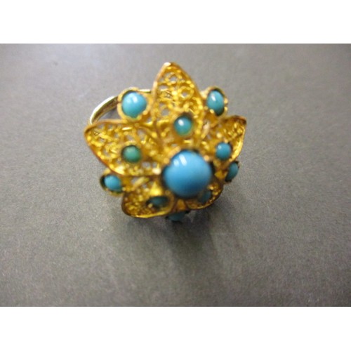 A 750 filigree gold ring, set with beads of turquoise, purchased in Iran in the mid 1980’s, approx. weight 4.7g, approx. ring size N, In pre-owned condition with general age-related marks